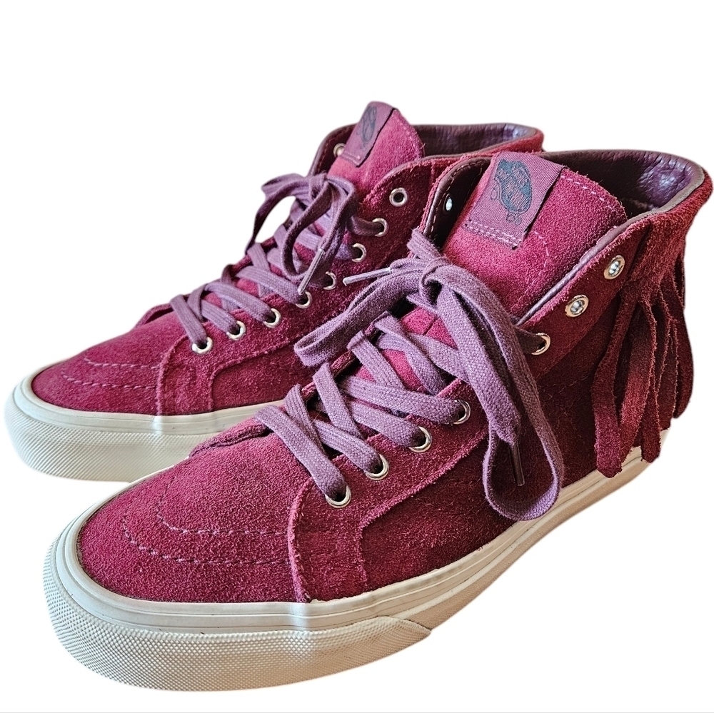 Vans Sk8 HI Mock Suede Womens High Tops Boho Fringe Sneakers Red Berry Size US 8 - Picture 5 of 15